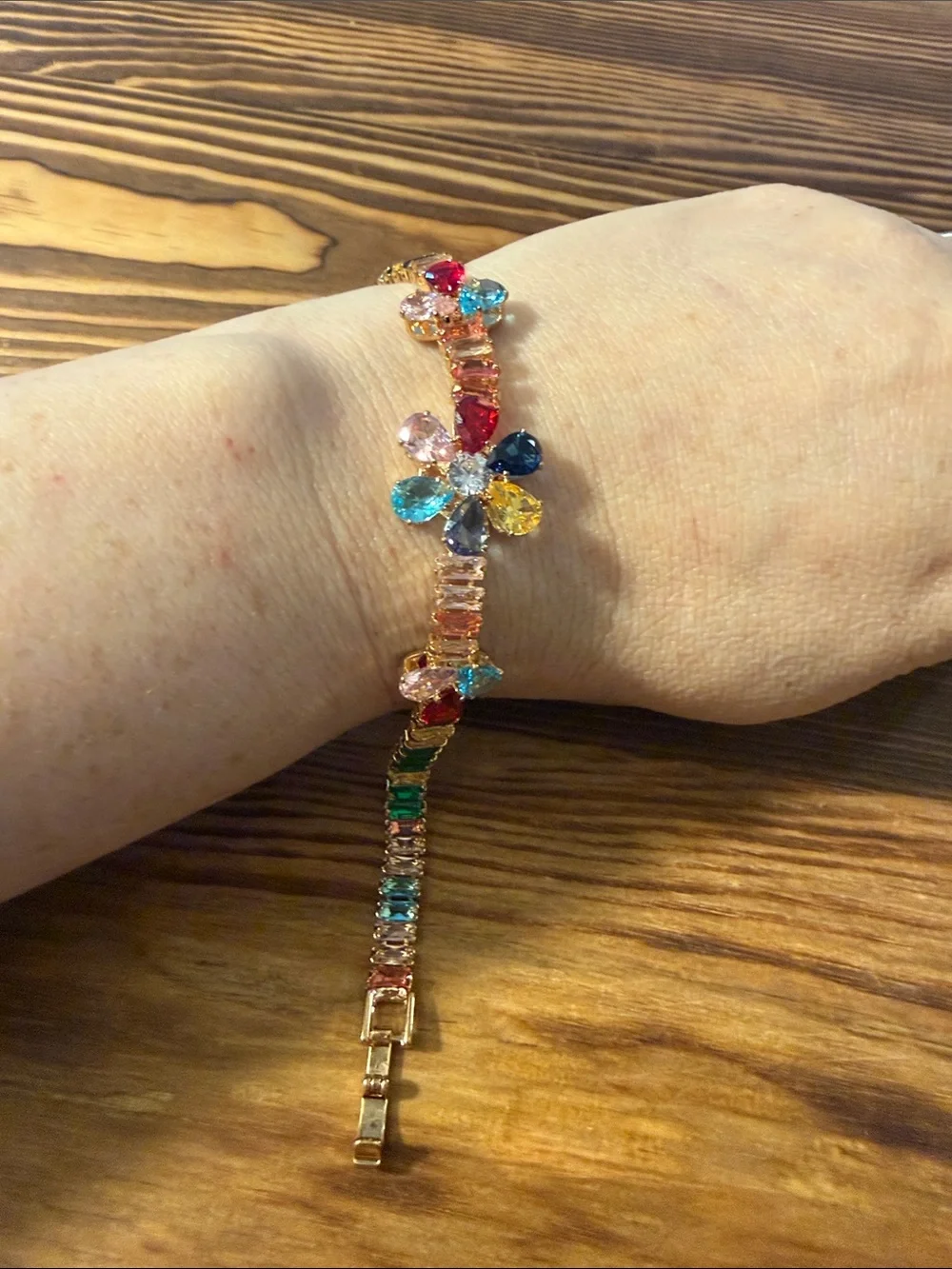 Gold Plated Multicolor Crystal Flower Tennis Bracelet - Women Jewelry